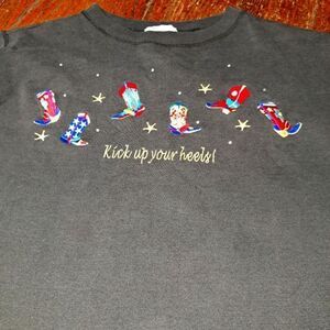 2X The Quacker Factory Kick Up Your Heels Long Sleeve Black Sweatshirt Western